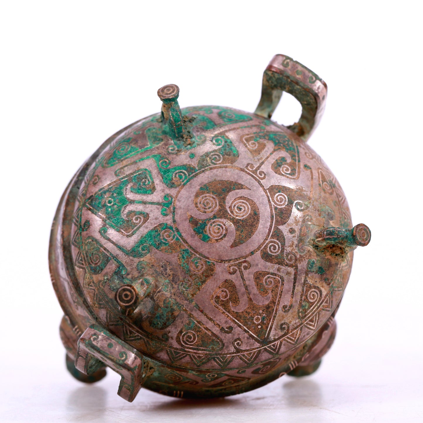 An Archaic Bronze Silver-Inlaid 'Auspicious Cloud' Tripod Censer And Cover