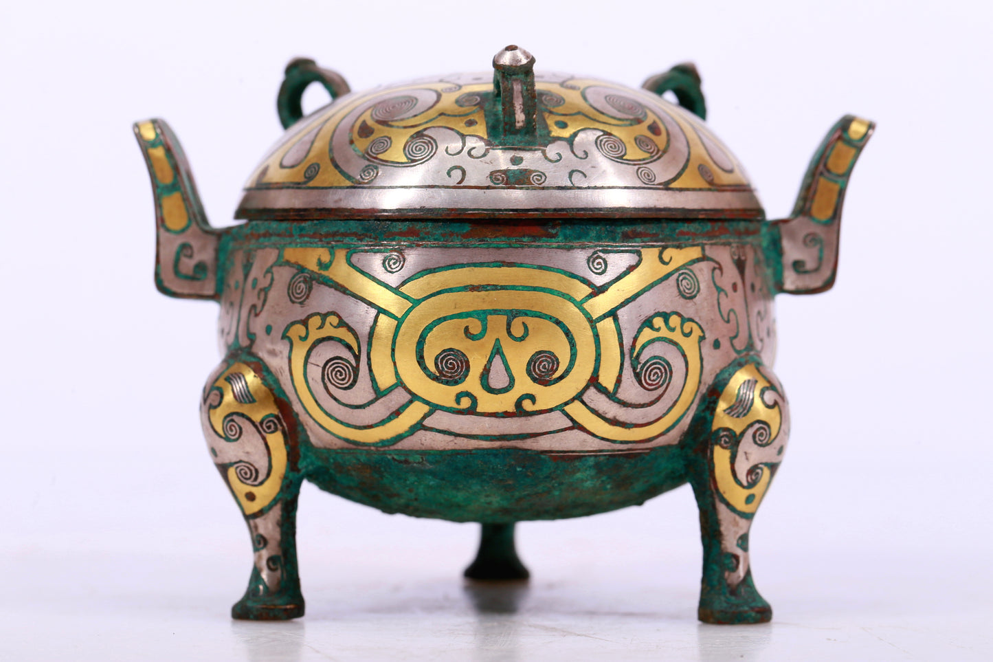 An Archaic Bronze Silver-Inlaid 'Flower' Tripod Censer And Cover