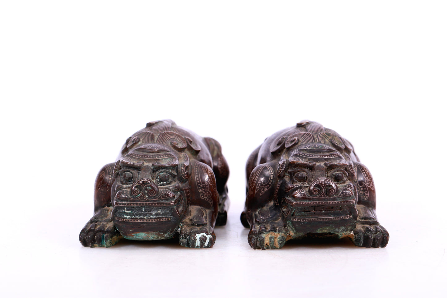 A Marvelous Pair Of Bronze Silver-Inlaid Auspicious Beasts