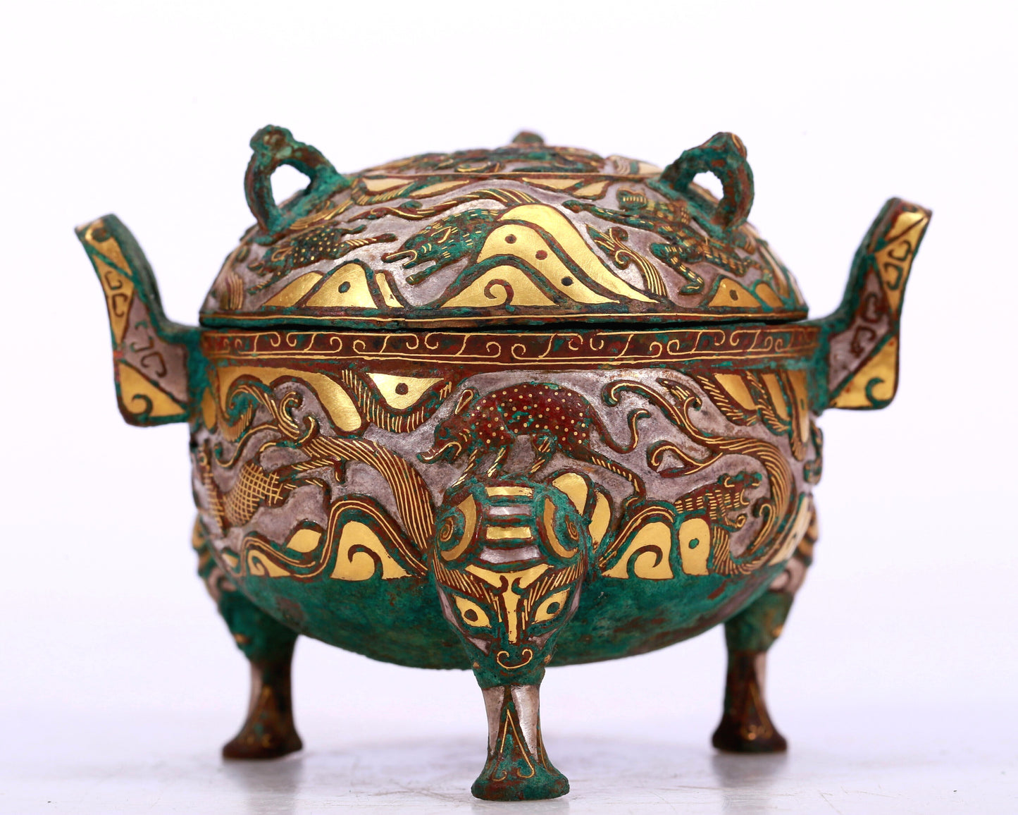 An Archaic Bronze Gold-Inlaid 'Auspicious Beast' Tripod Censer And Cover