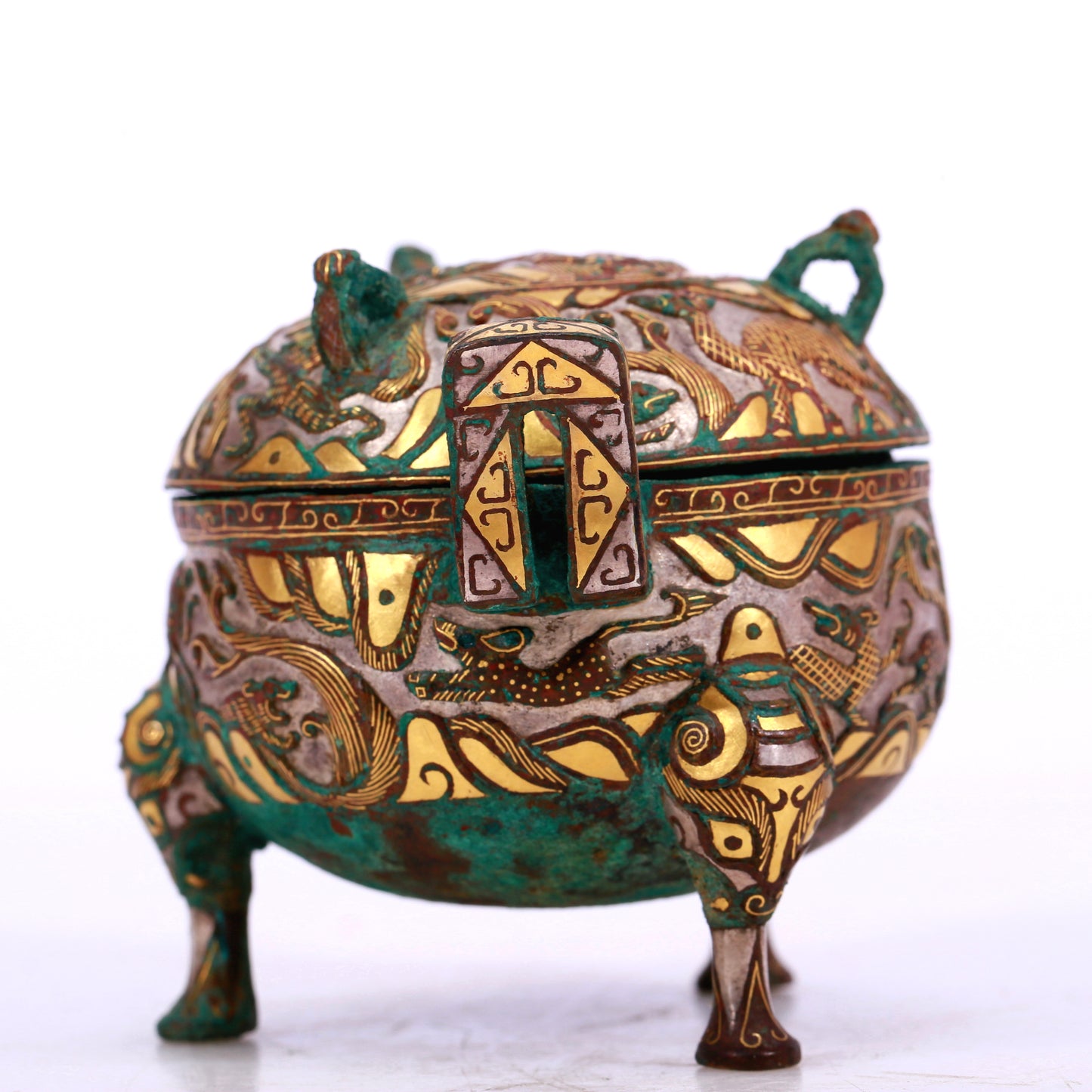 An Archaic Bronze Gold-Inlaid 'Auspicious Beast' Tripod Censer And Cover