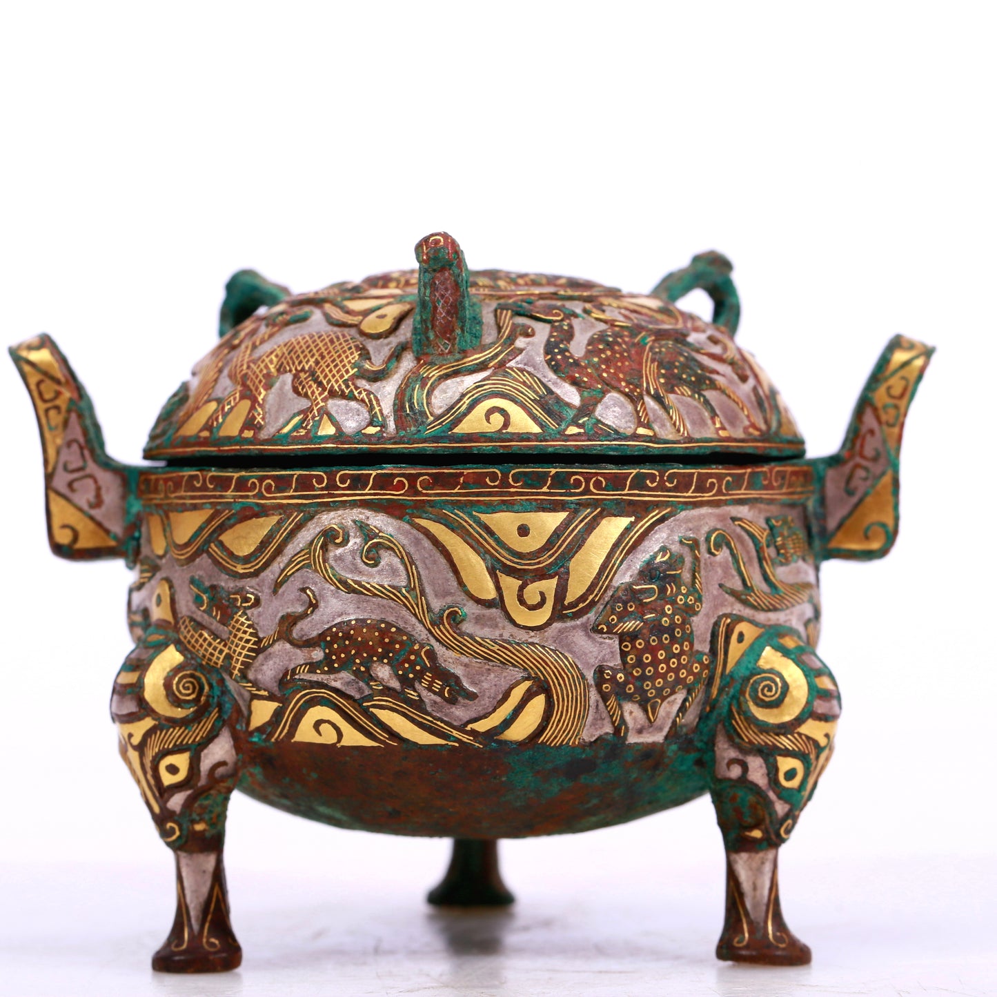 An Archaic Bronze Gold-Inlaid 'Auspicious Beast' Tripod Censer And Cover