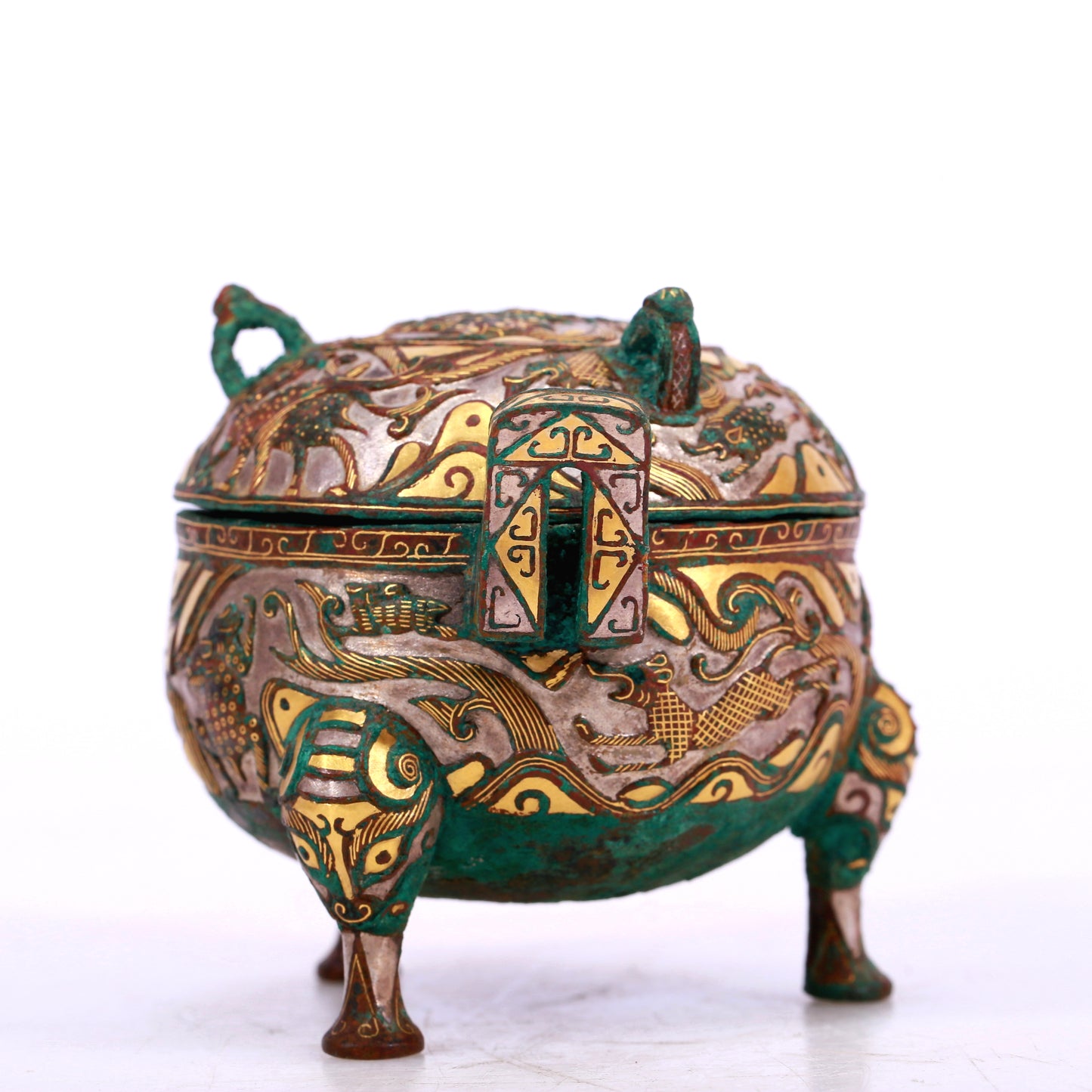 An Archaic Bronze Gold-Inlaid 'Auspicious Beast' Tripod Censer And Cover