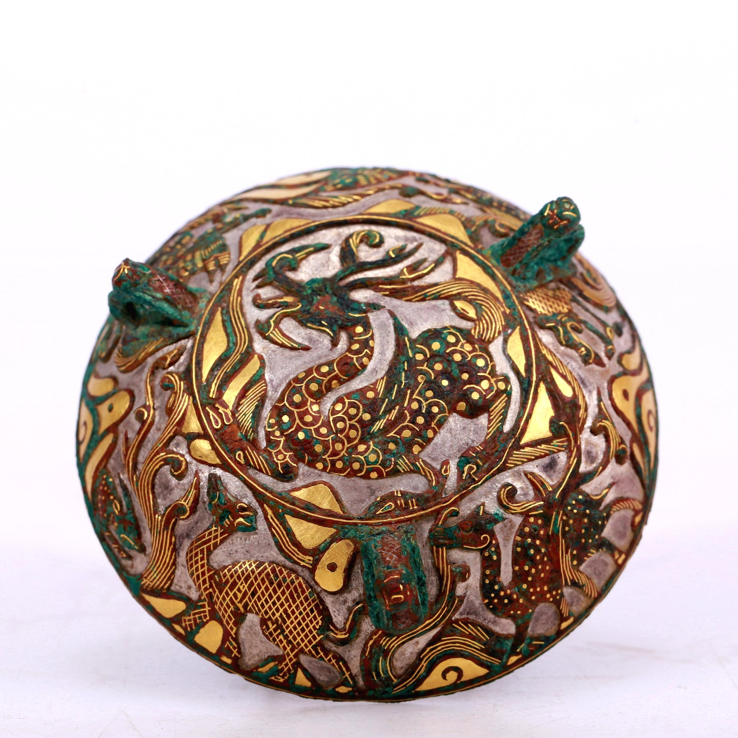 An Archaic Bronze Gold-Inlaid 'Auspicious Beast' Tripod Censer And Cover