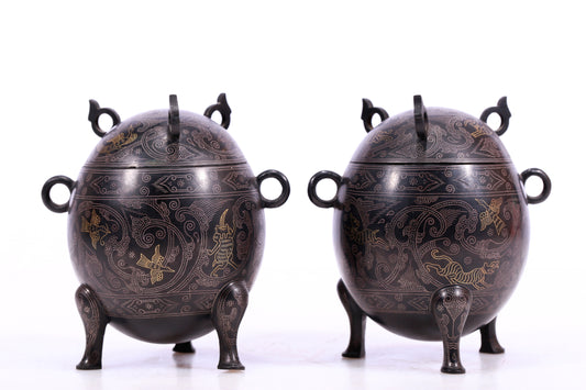 An Archaic Pair Of Bronze Gold& Silver-Inlaid 'Auspicious Beast' Tripod Censers And Covers