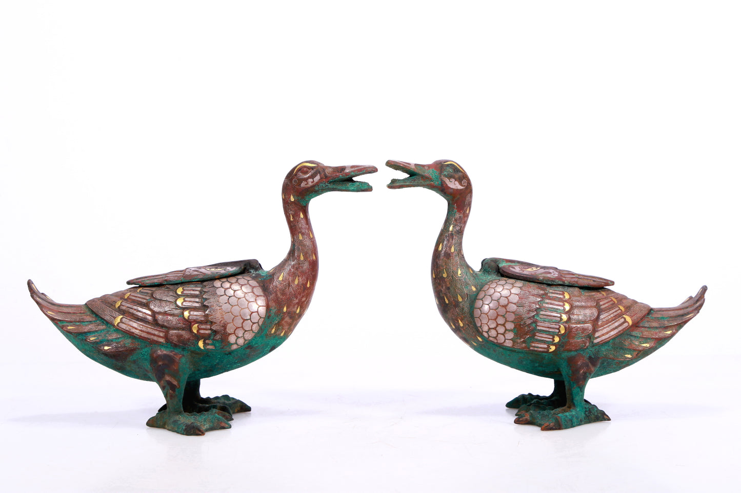 A Marvelous Pair Of Bronze Gold& Silver-Inlaid Ducks