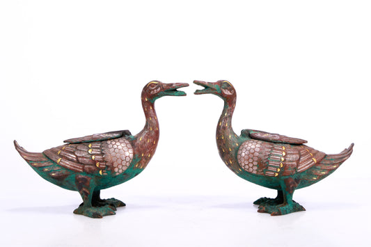 A Marvelous Pair Of Bronze Gold& Silver-Inlaid Ducks