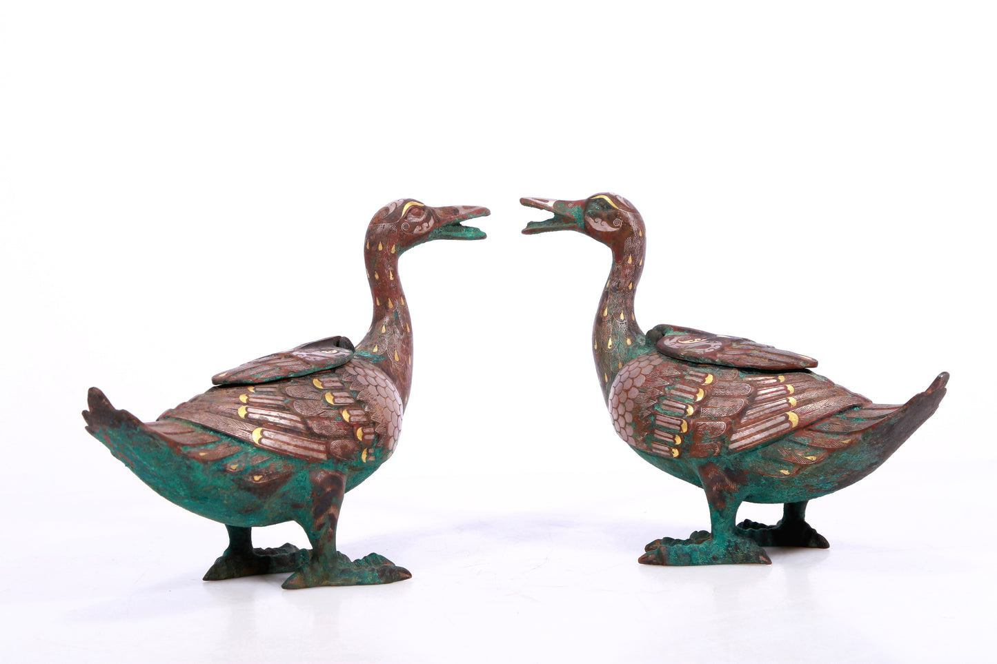 A Marvelous Pair Of Bronze Gold& Silver-Inlaid Ducks