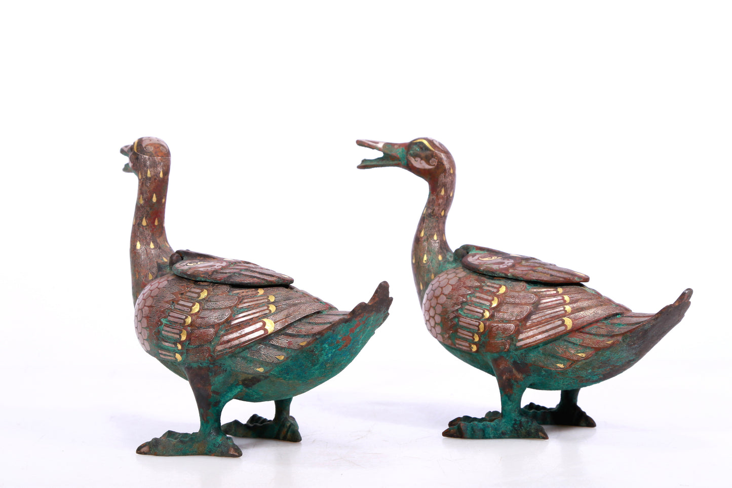 A Marvelous Pair Of Bronze Gold& Silver-Inlaid Ducks