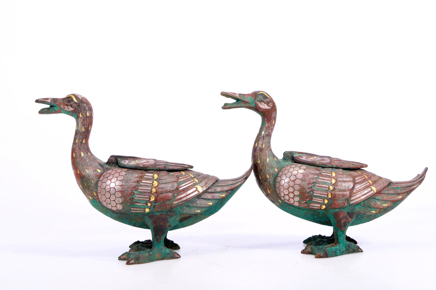 A Marvelous Pair Of Bronze Gold& Silver-Inlaid Ducks