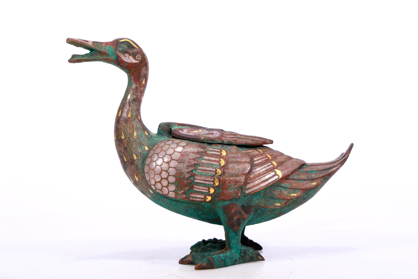 A Marvelous Pair Of Bronze Gold& Silver-Inlaid Ducks