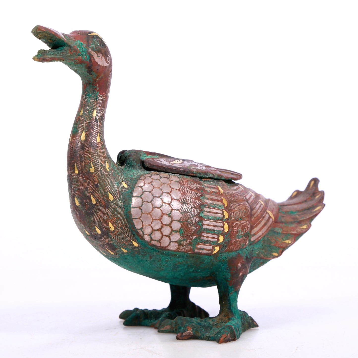 A Marvelous Pair Of Bronze Gold& Silver-Inlaid Ducks