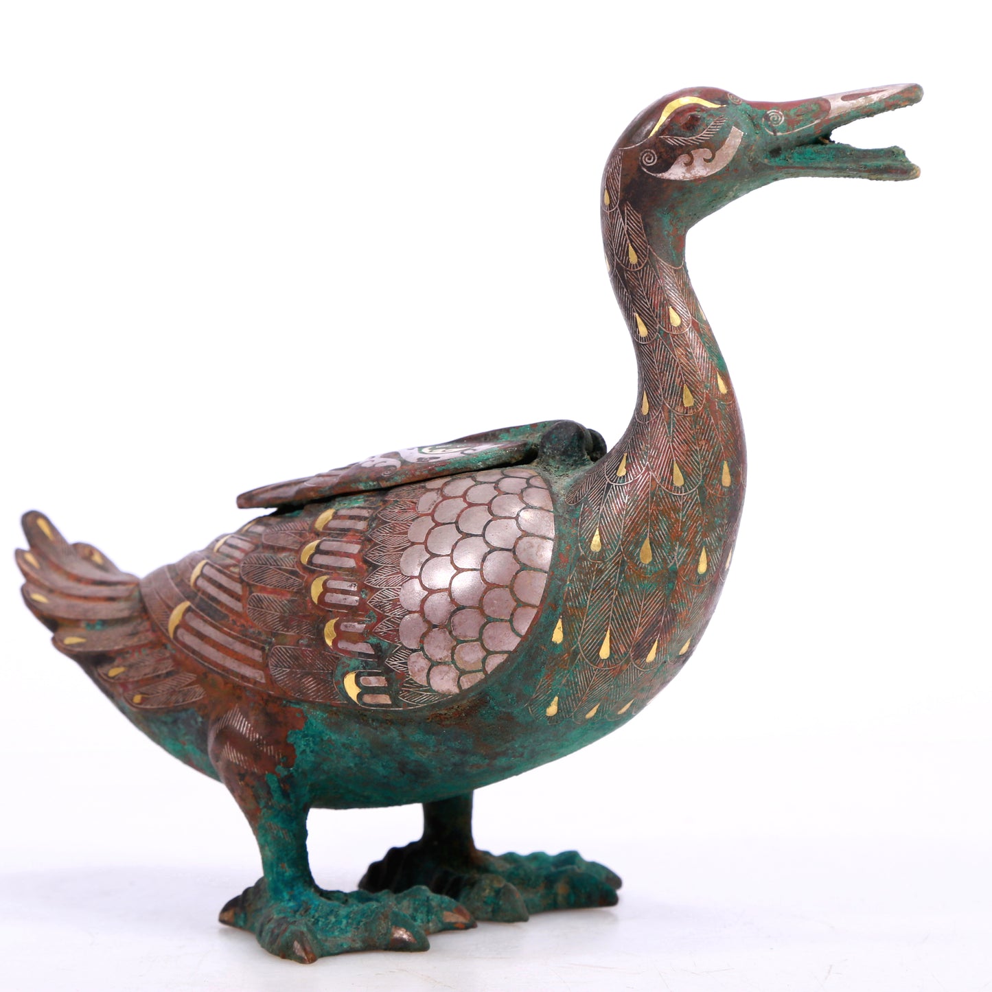 A Marvelous Pair Of Bronze Gold& Silver-Inlaid Ducks