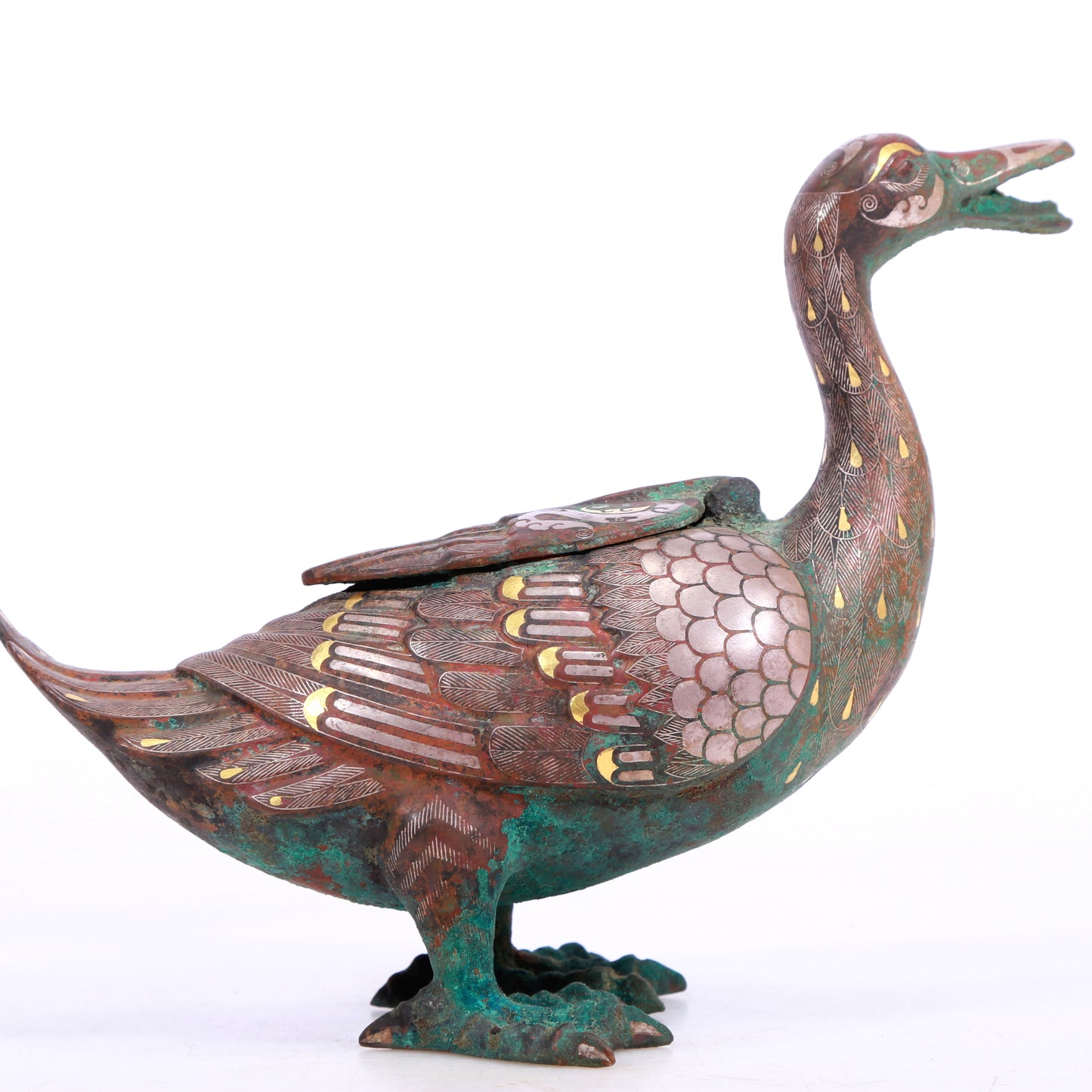 A Marvelous Pair Of Bronze Gold& Silver-Inlaid Ducks