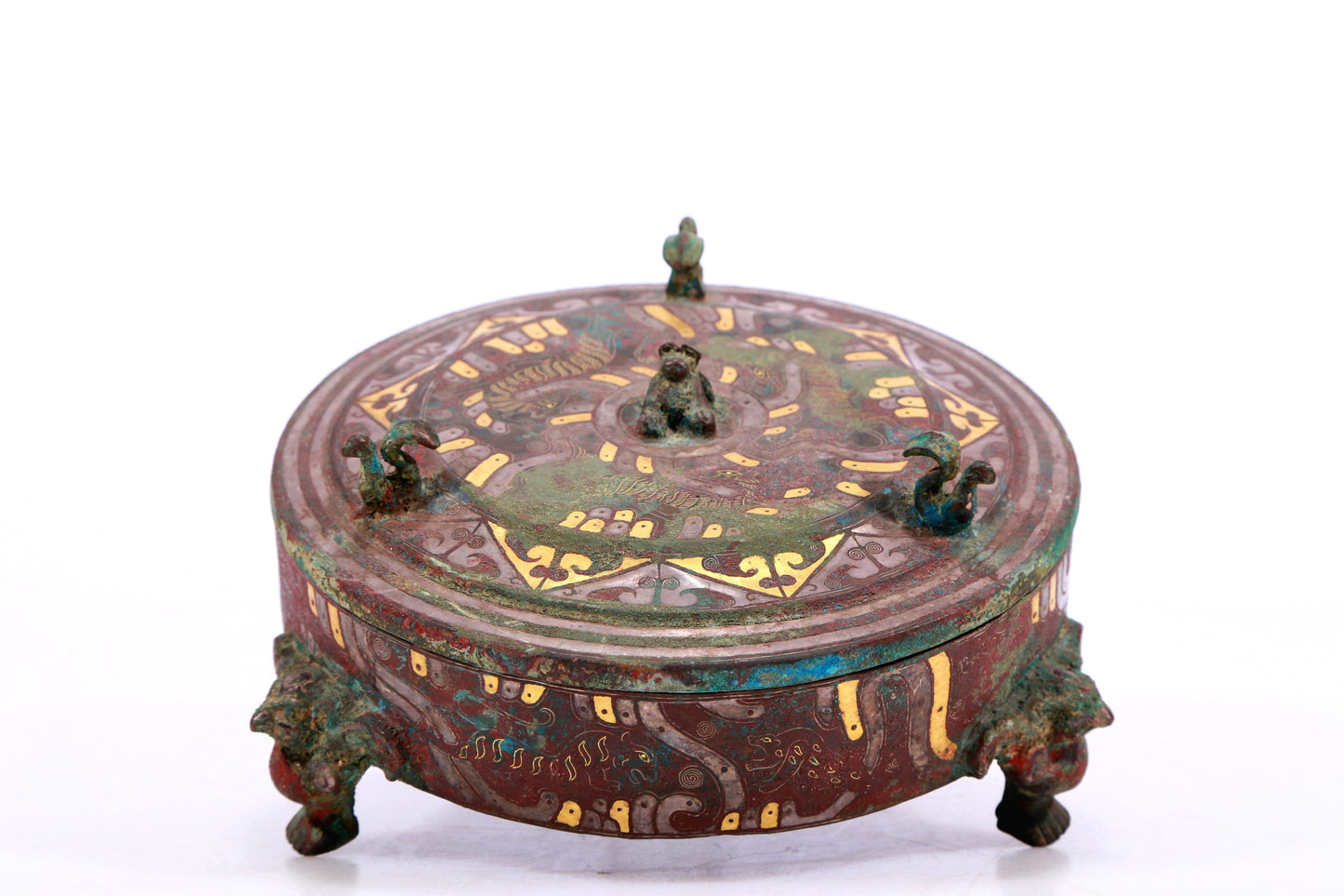 A Marvelous Bronze Gold& Silver-Inlaid 'Auspicious Beast' Tripod Box