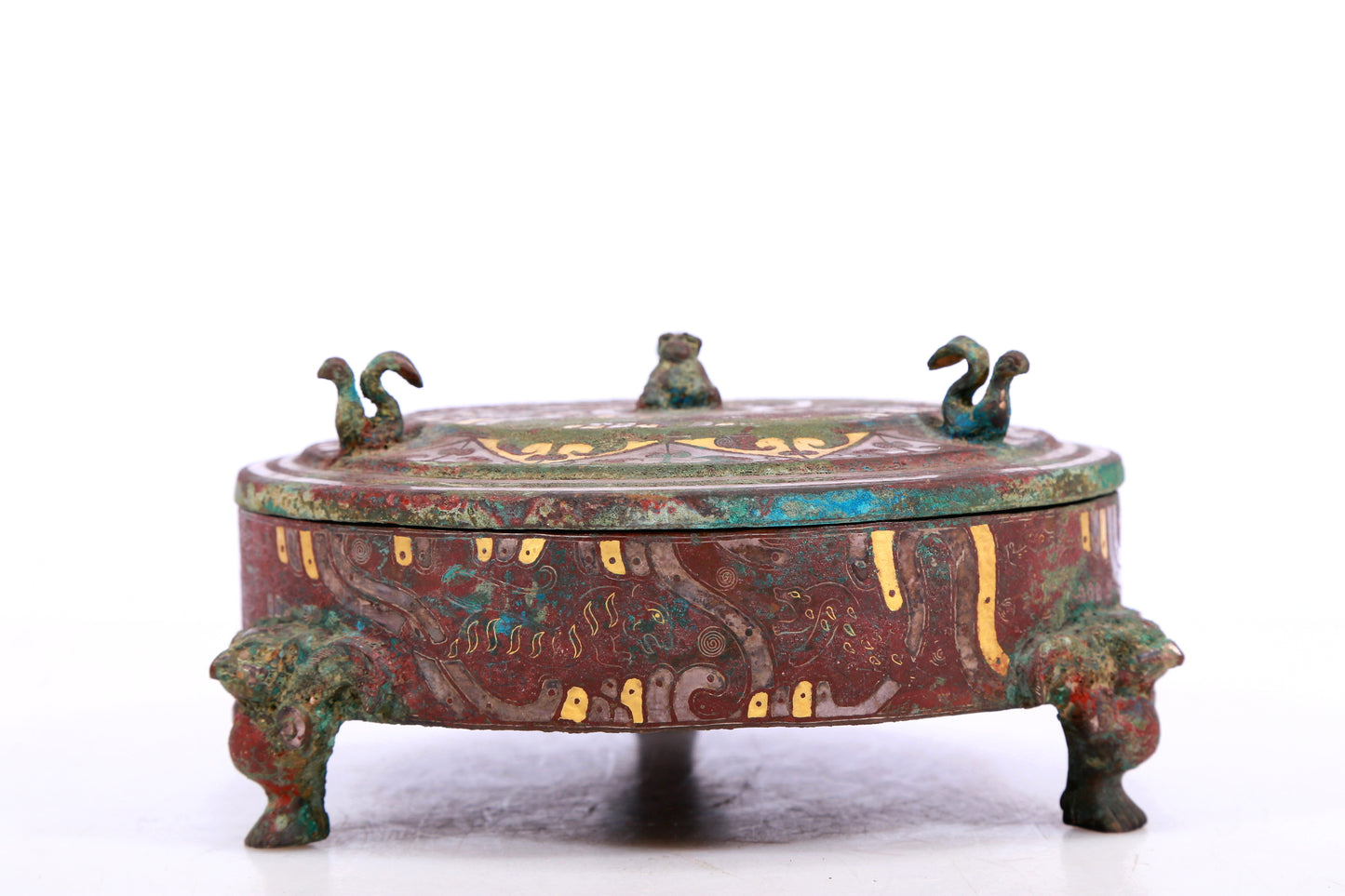 A Marvelous Bronze Gold& Silver-Inlaid 'Auspicious Beast' Tripod Box