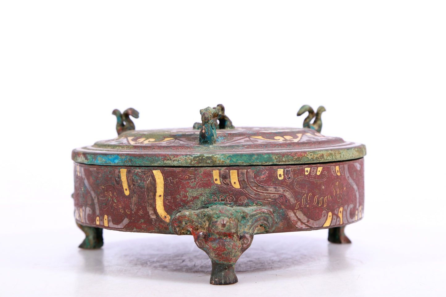 A Marvelous Bronze Gold& Silver-Inlaid 'Auspicious Beast' Tripod Box