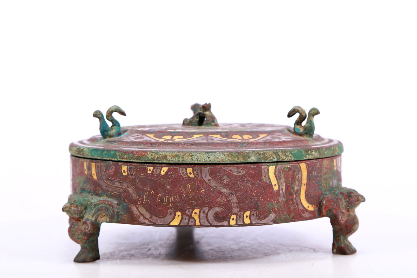 A Marvelous Bronze Gold& Silver-Inlaid 'Auspicious Beast' Tripod Box