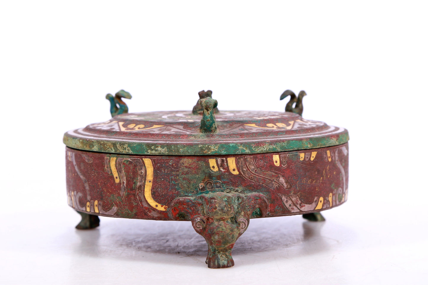 A Marvelous Bronze Gold& Silver-Inlaid 'Auspicious Beast' Tripod Box