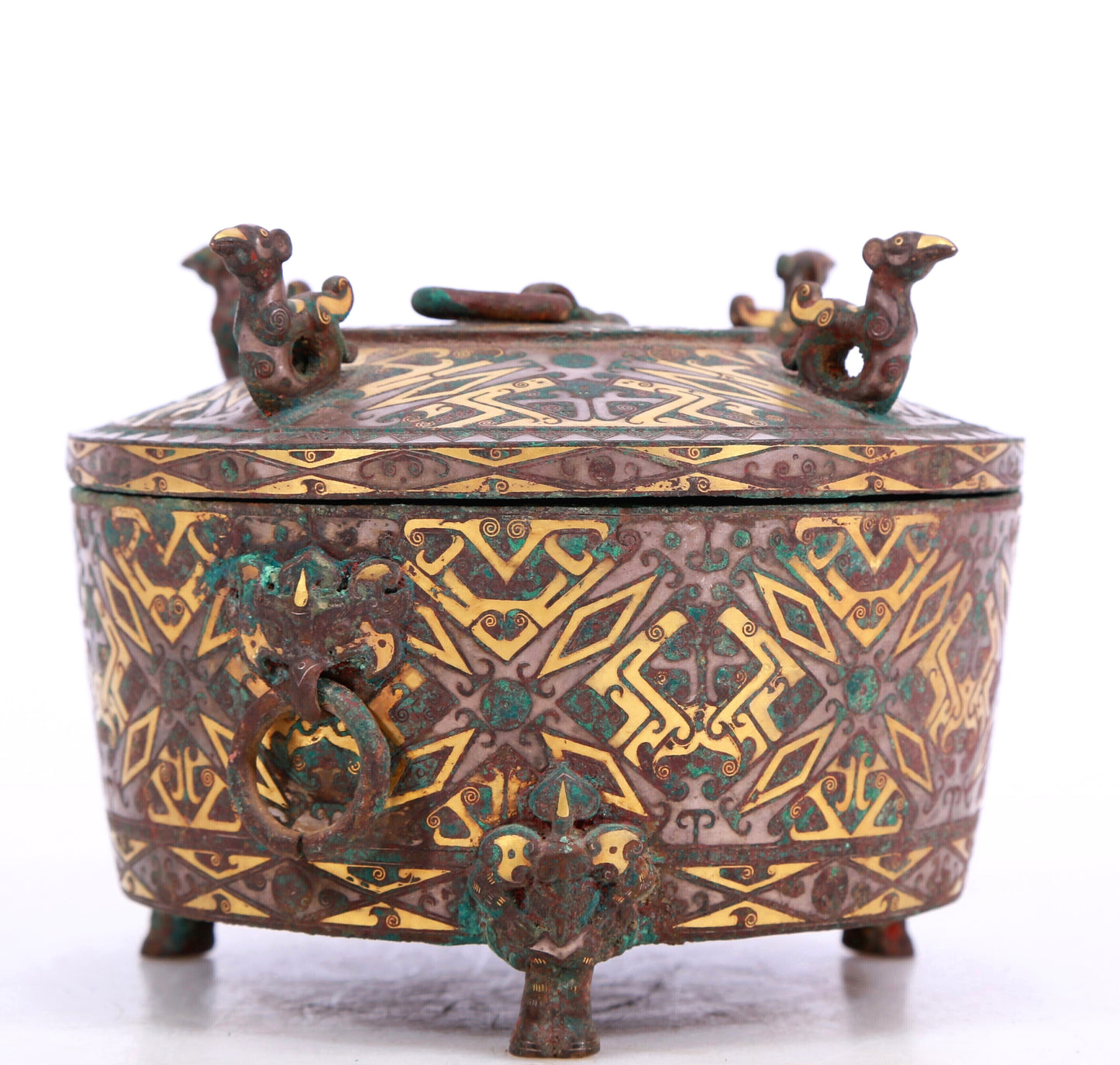 A Marvelous Bronze Gold& Silver-Inlaid 'Auspicious Beast' Beast-Handled Tripod Box