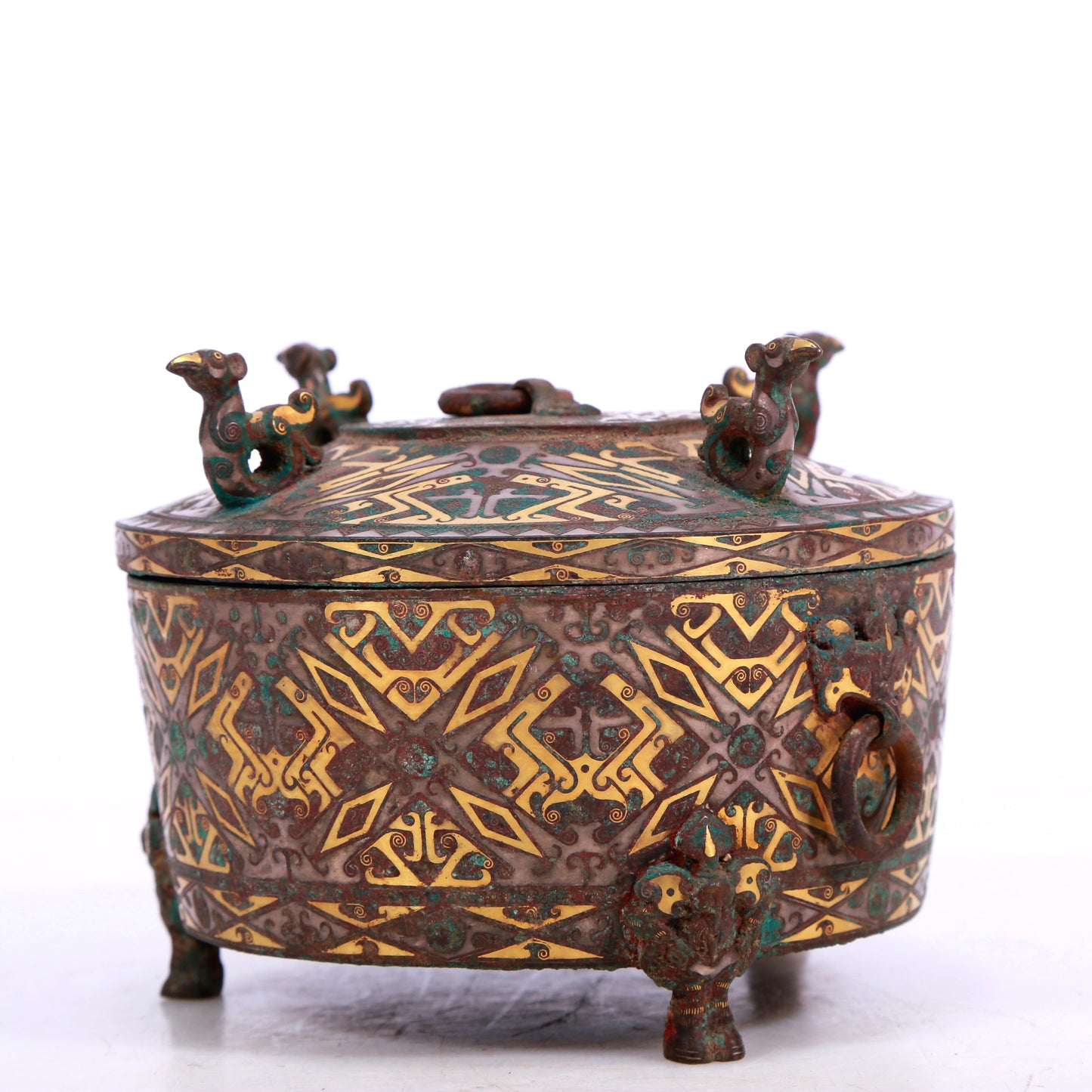 A Marvelous Bronze Gold& Silver-Inlaid 'Auspicious Beast' Beast-Handled Tripod Box