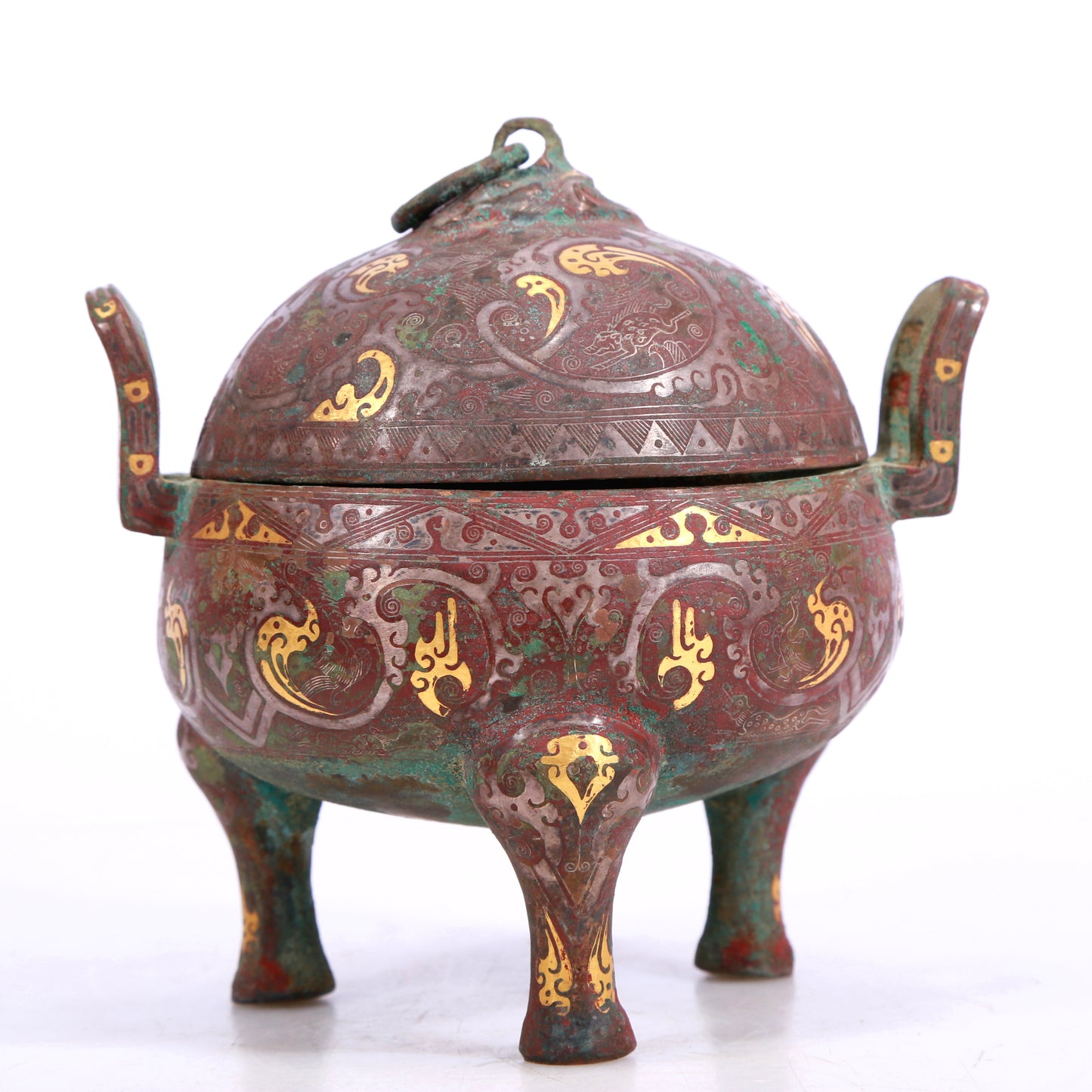 A Marvelous Bronze Gold& Silver-Inlaid 'Auspicious Beast' Tripod Censer