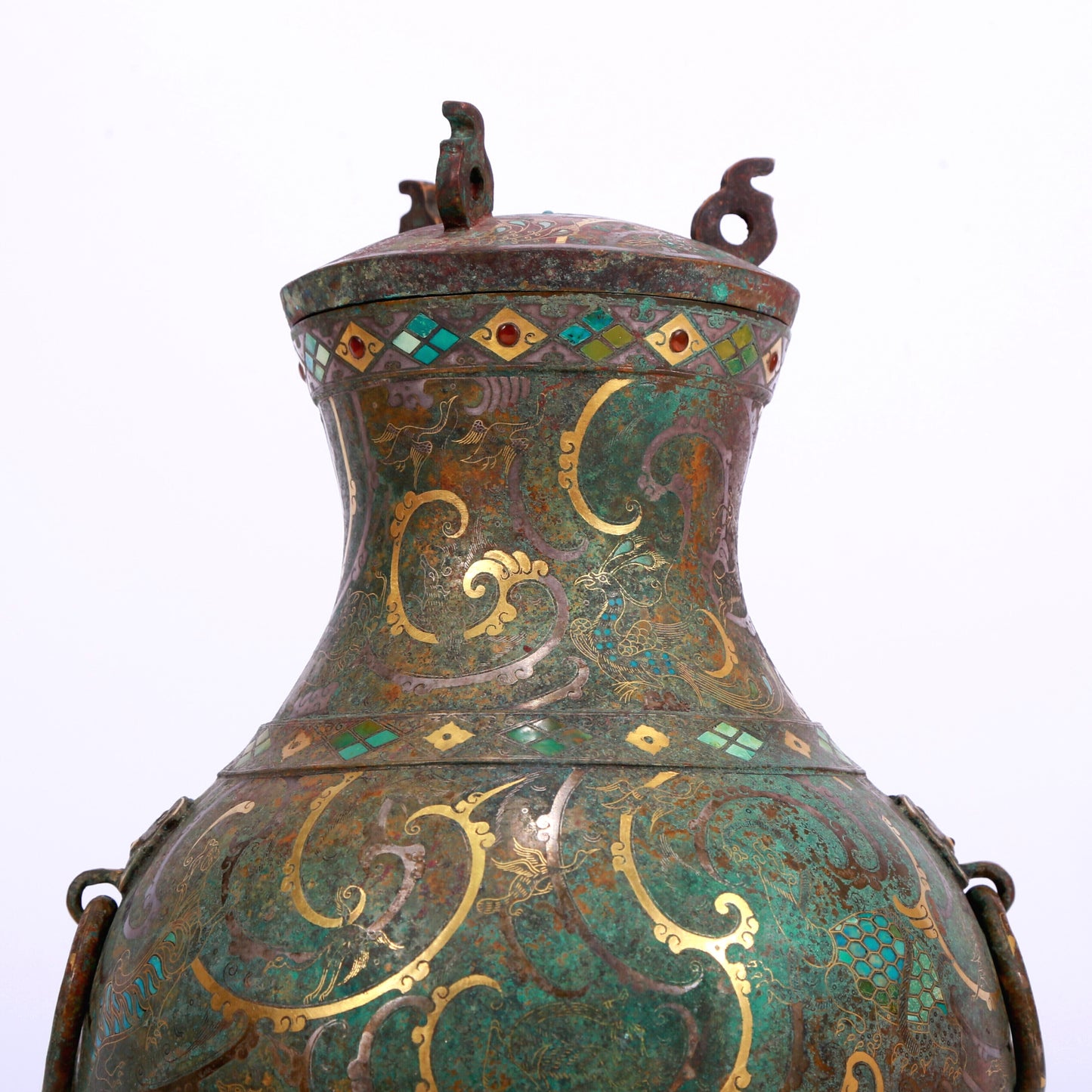 A Marvelous Bronze Gold& Silver-Inlaid 'Auspicious Beast' Vase And Cover