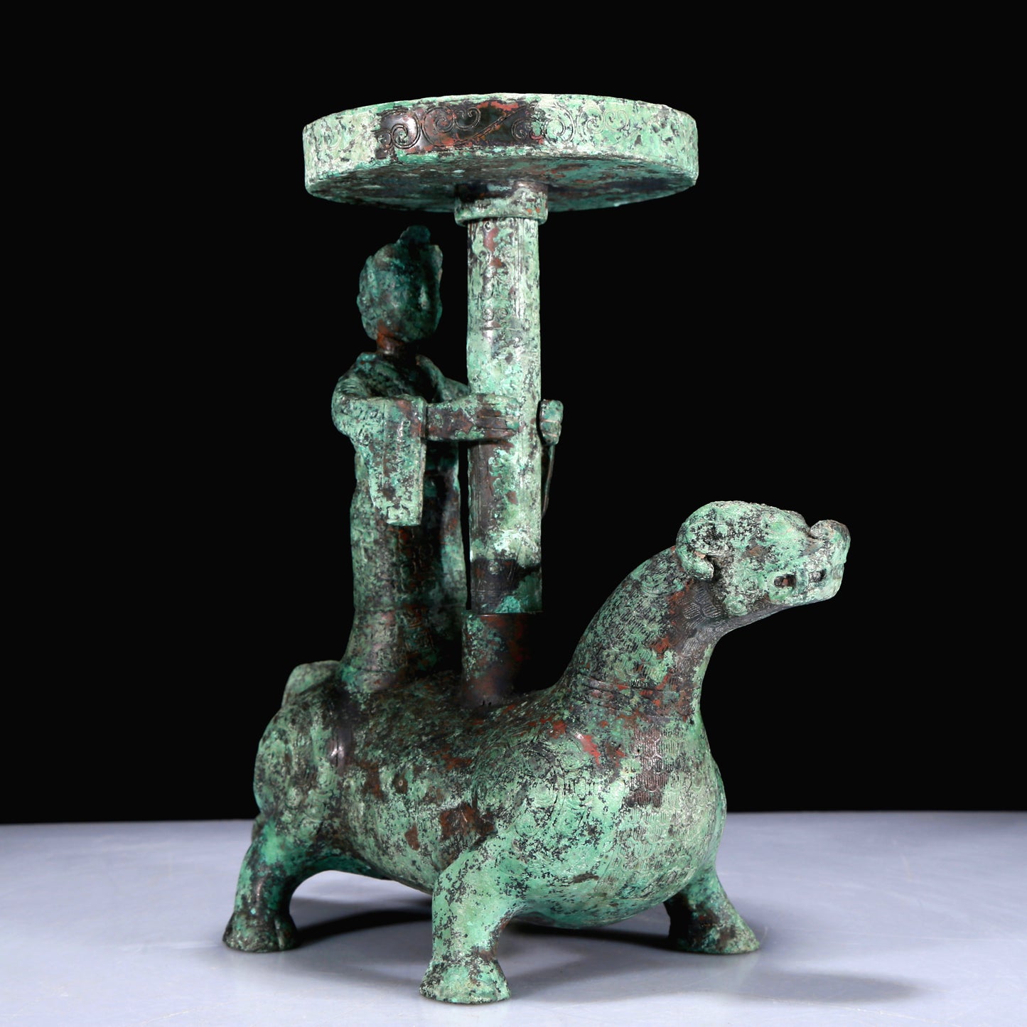 A Superb Bronze 'Auspicious Beast' Oil-Lamp
