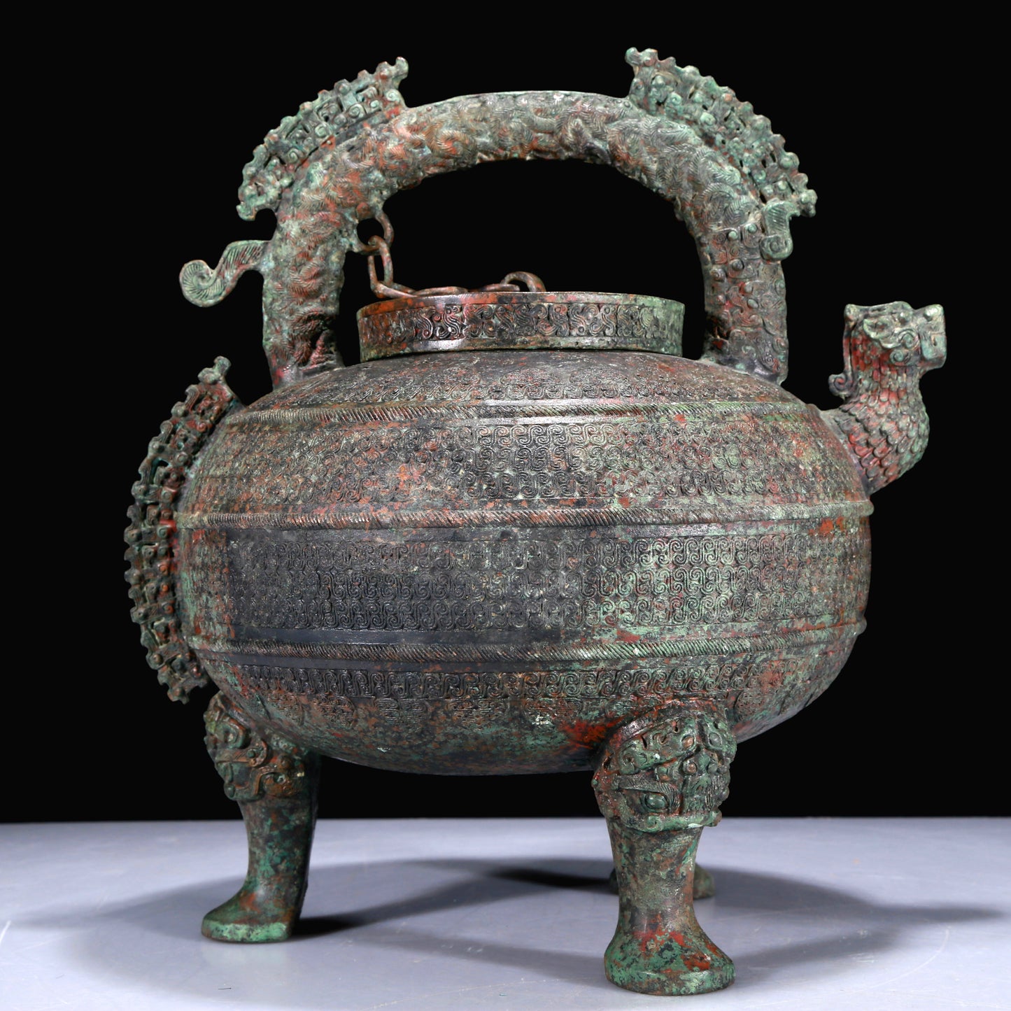 A Superb Bronze 'Dragon' Tripod Ewer With Inscriptions