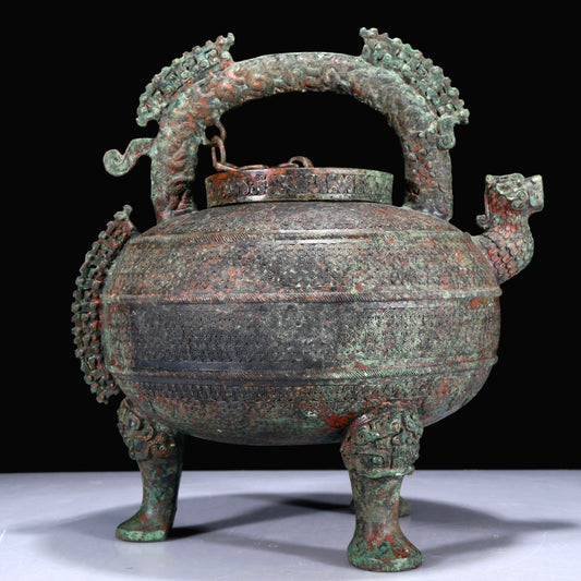 A Superb Bronze 'Dragon' Tripod Ewer With Inscriptions