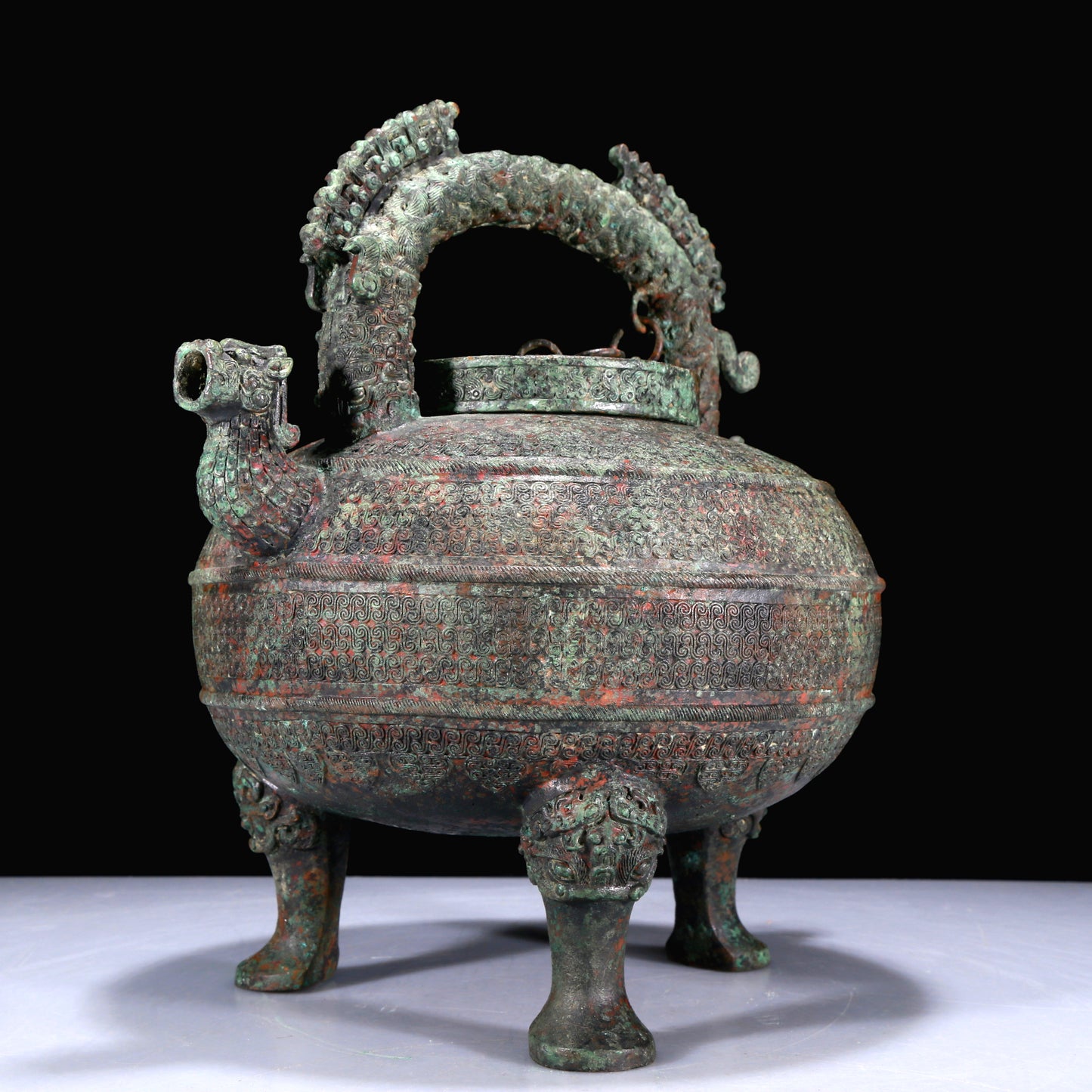 A Superb Bronze 'Dragon' Tripod Ewer With Inscriptions