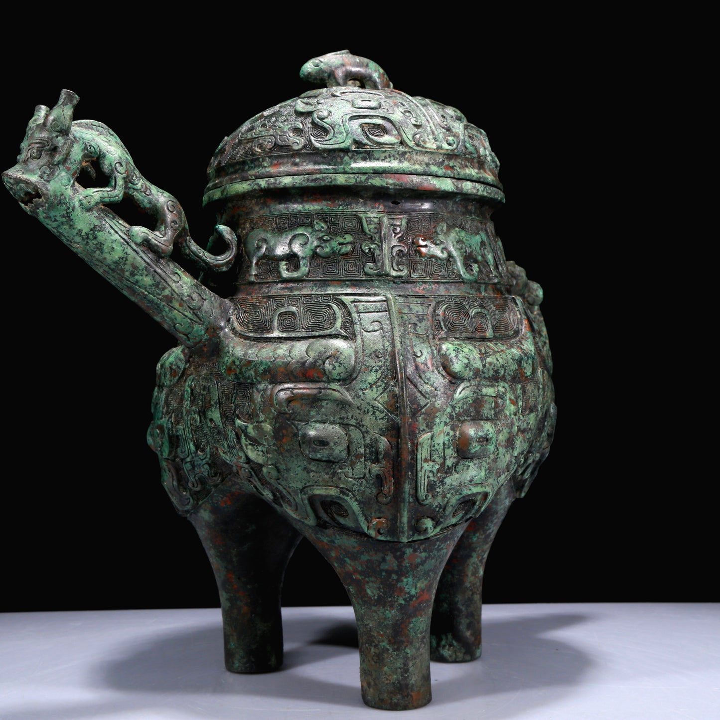 A Superb Bronze 'Animal Mask' Tripod Ewer With Inscriptions