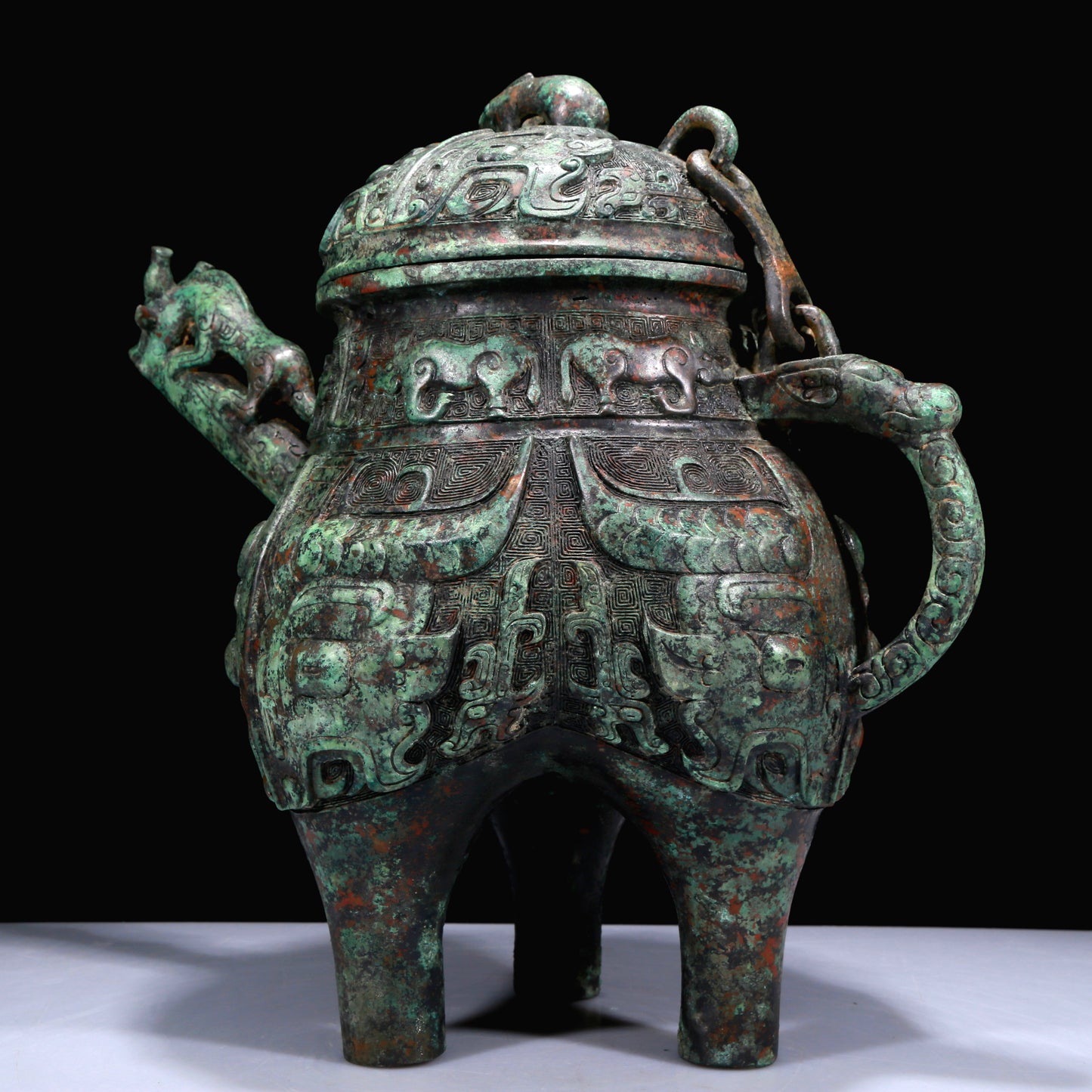 A Superb Bronze 'Animal Mask' Tripod Ewer With Inscriptions