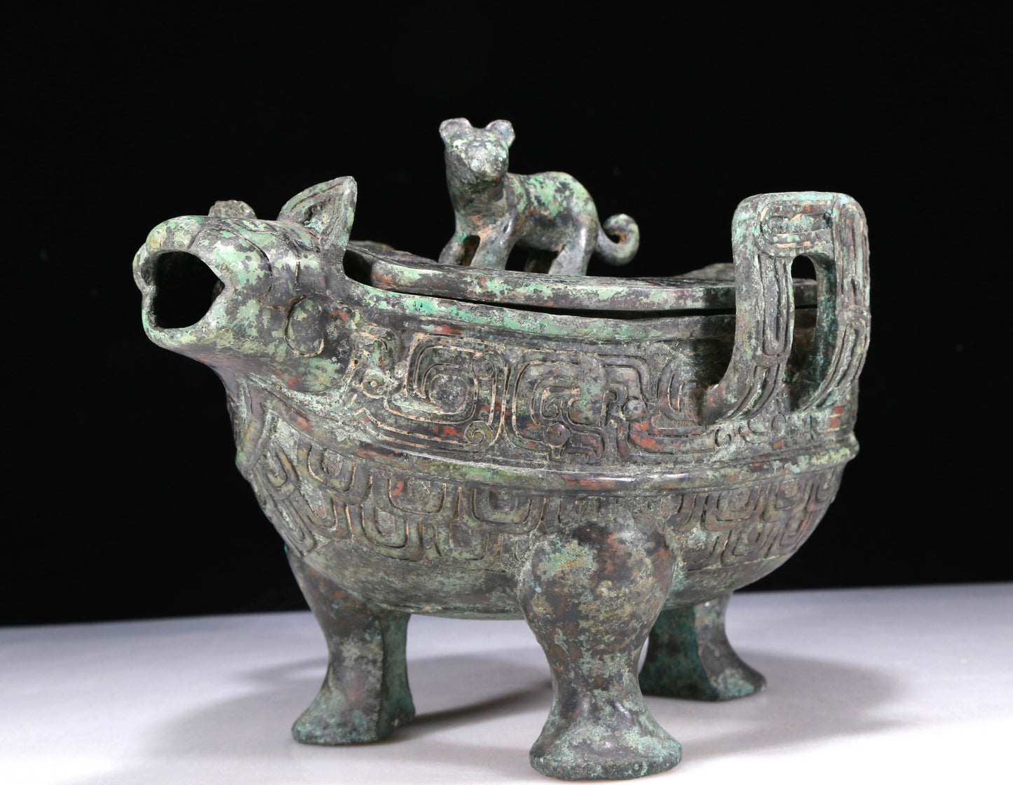 A Wonderful Bronze 'Auspicious Beast' Tripod Censer And Cover With Inscriptions