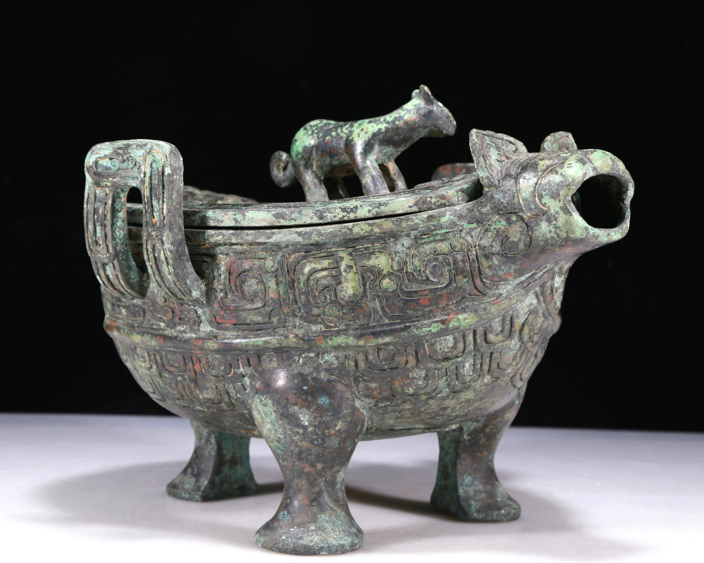 A Wonderful Bronze 'Auspicious Beast' Tripod Censer And Cover With Inscriptions