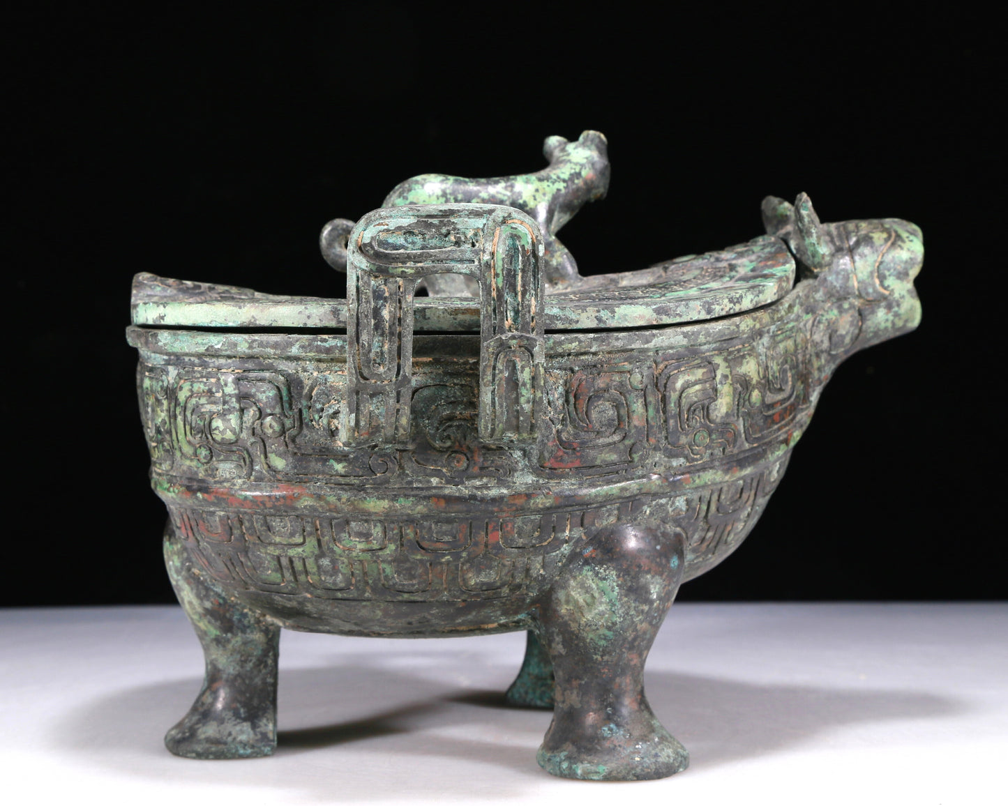 A Wonderful Bronze 'Auspicious Beast' Tripod Censer And Cover With Inscriptions