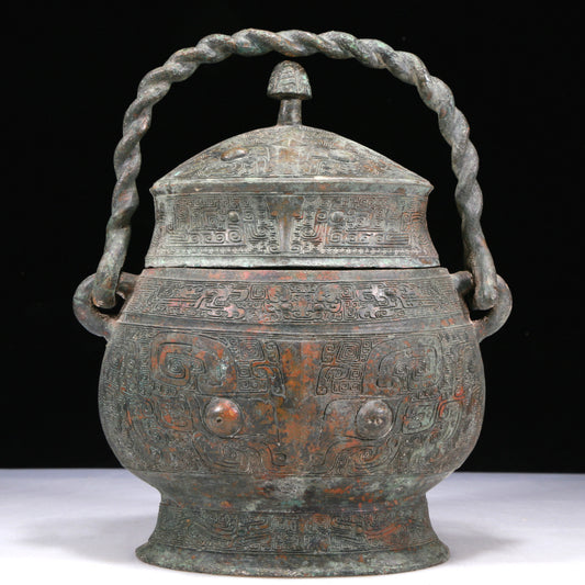 A Wonderful Bronze 'Animal Mask' Jar With Inscriptions And An Overhead Handle