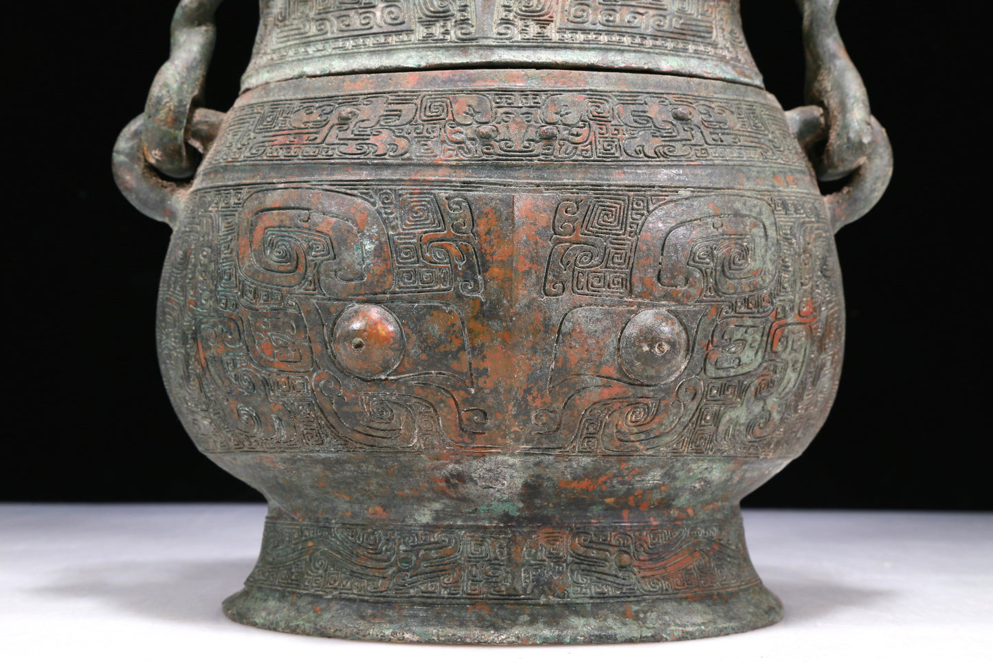 A Wonderful Bronze 'Animal Mask' Jar With Inscriptions And An Overhead Handle