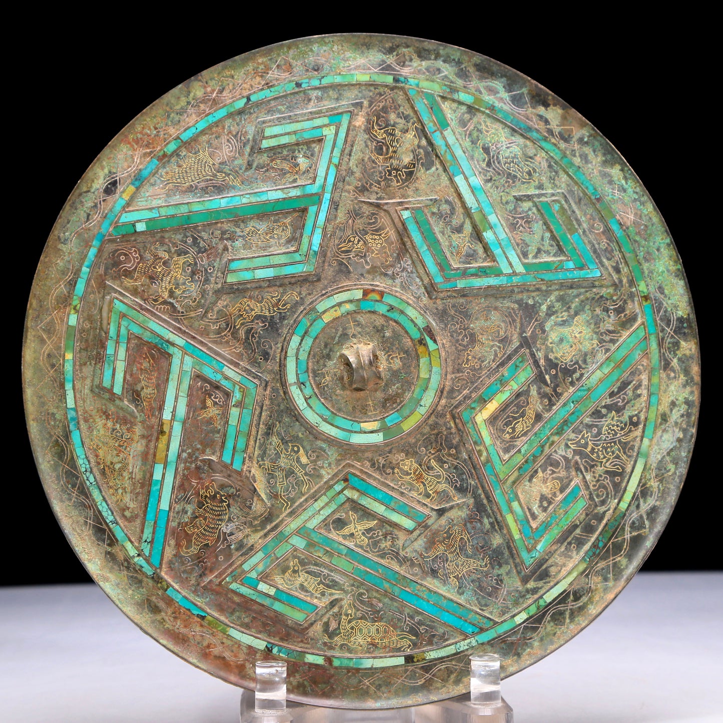 An Archaic Circular Bronze Turquoise& Gold& Silver-Inlaid 'Auspicious Beast' Mirror