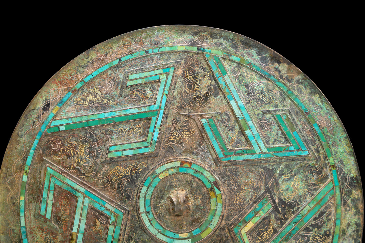 An Archaic Circular Bronze Turquoise& Gold& Silver-Inlaid 'Auspicious Beast' Mirror