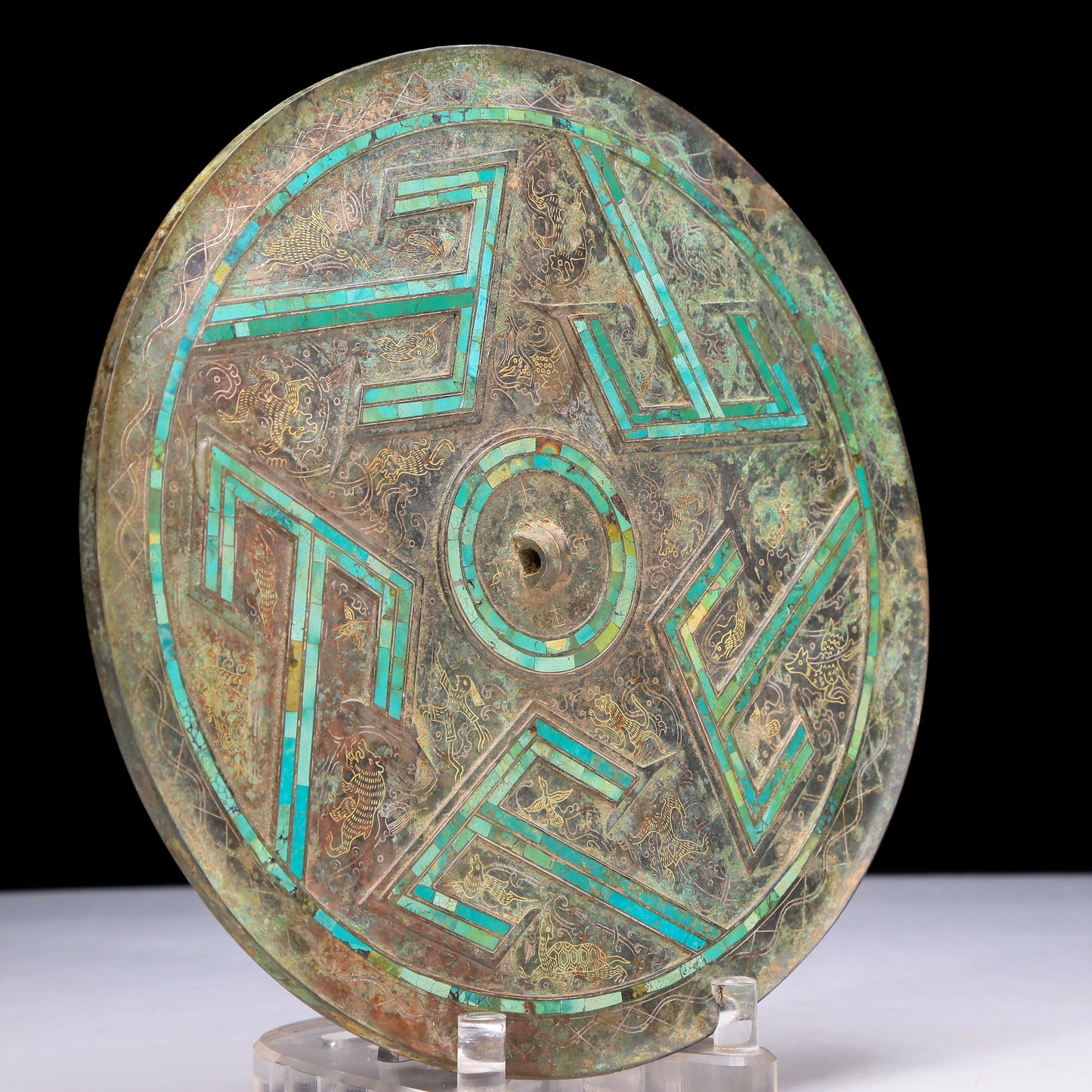 An Archaic Circular Bronze Turquoise& Gold& Silver-Inlaid 'Auspicious Beast' Mirror