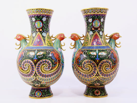 A pair of cloisonne flower-patterned phoenix-ear vases