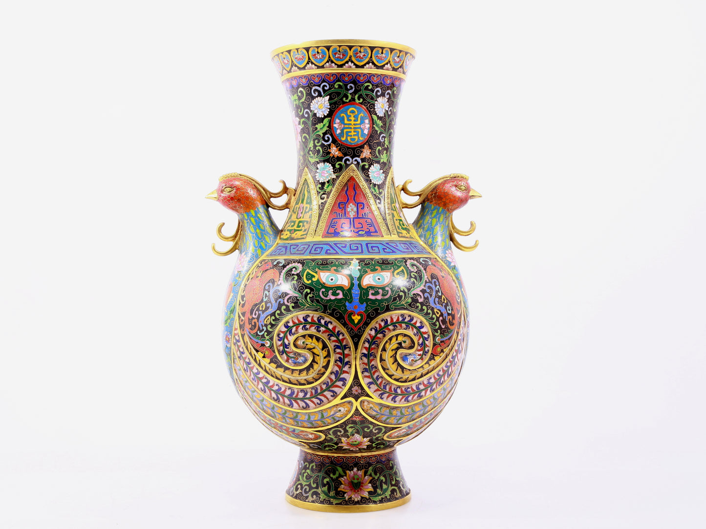 A pair of cloisonne flower-patterned phoenix-ear vases