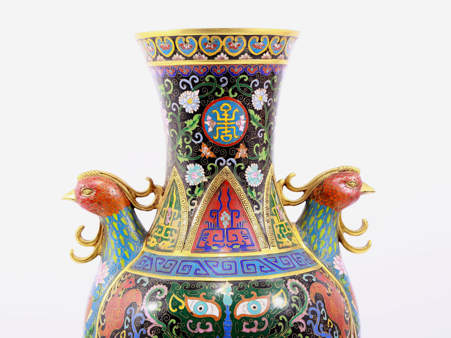 A pair of cloisonne flower-patterned phoenix-ear vases