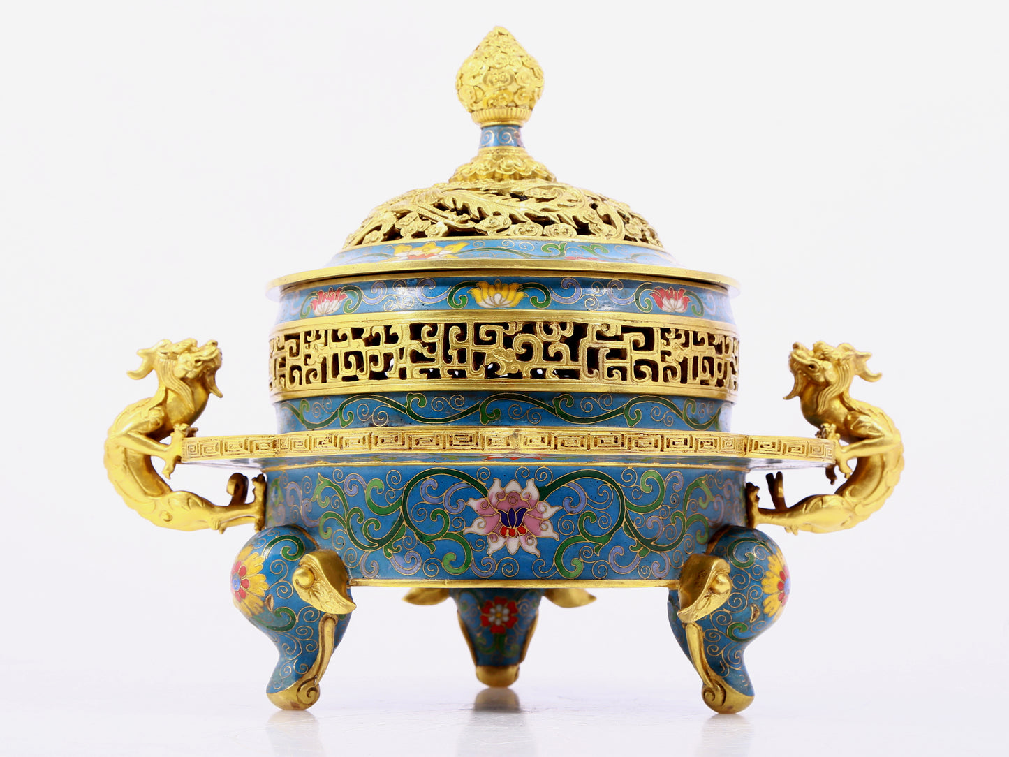 A cloisonné incense burner with two ears and three legs with lotus pattern