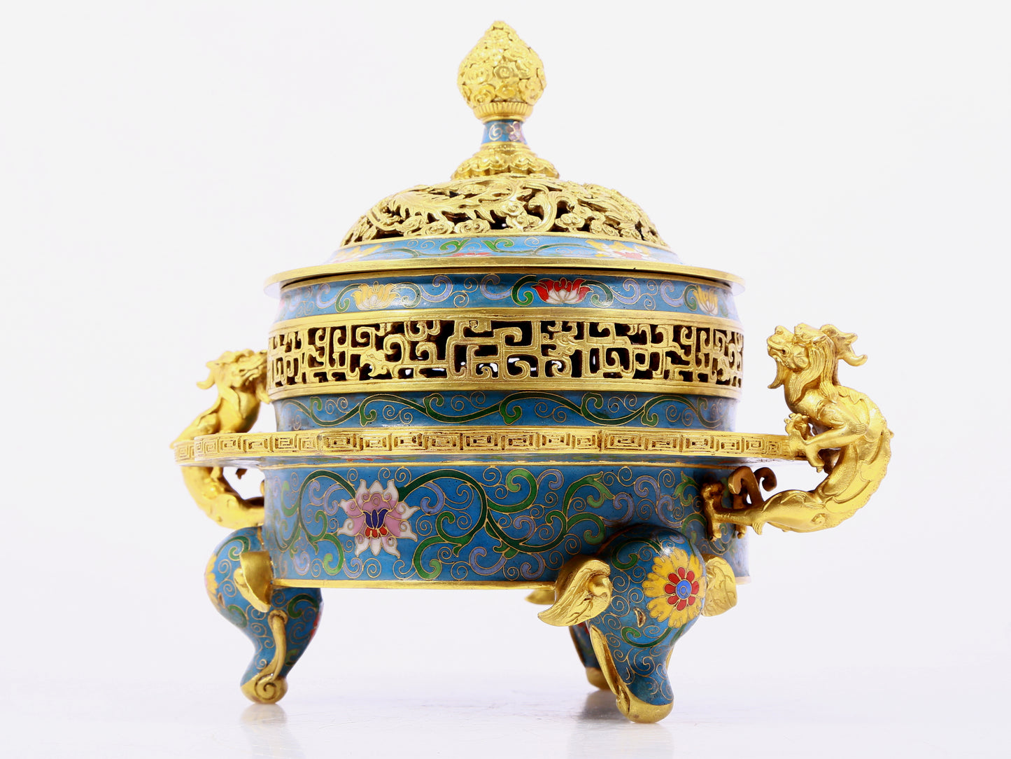 A cloisonné incense burner with two ears and three legs with lotus pattern