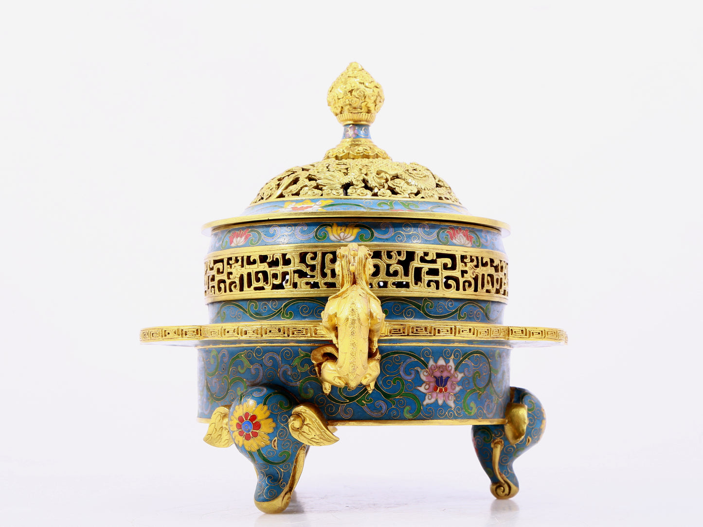 A cloisonné incense burner with two ears and three legs with lotus pattern