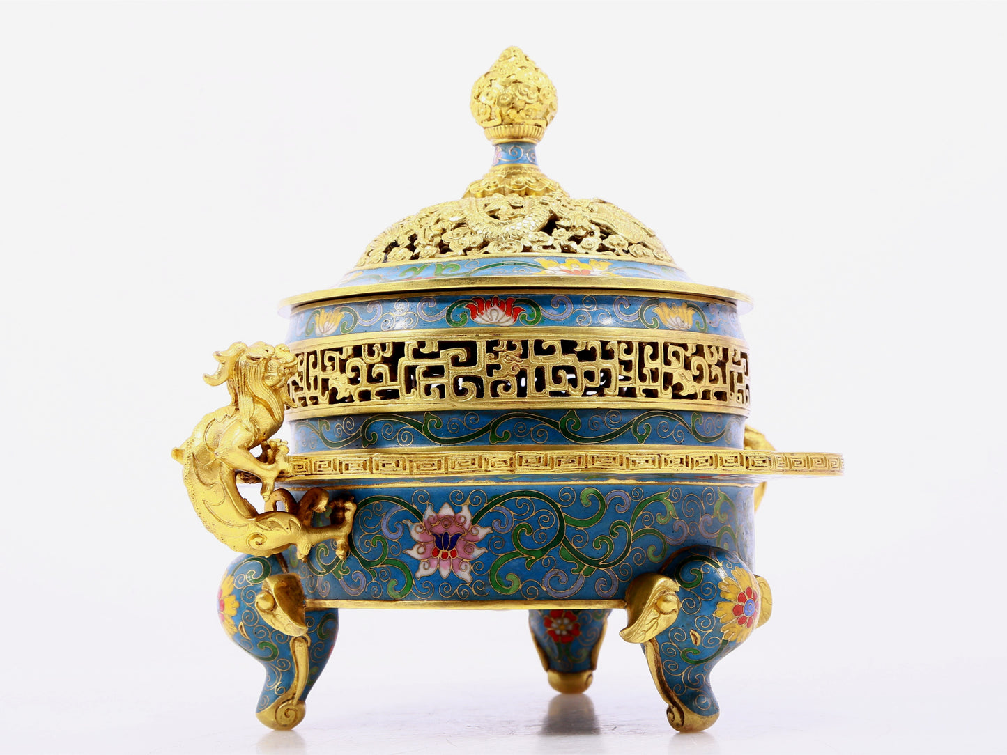 A cloisonné incense burner with two ears and three legs with lotus pattern