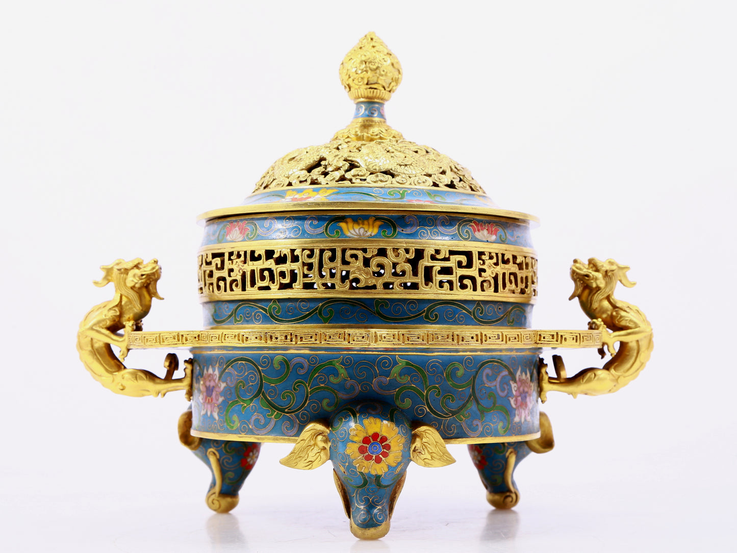 A cloisonné incense burner with two ears and three legs with lotus pattern