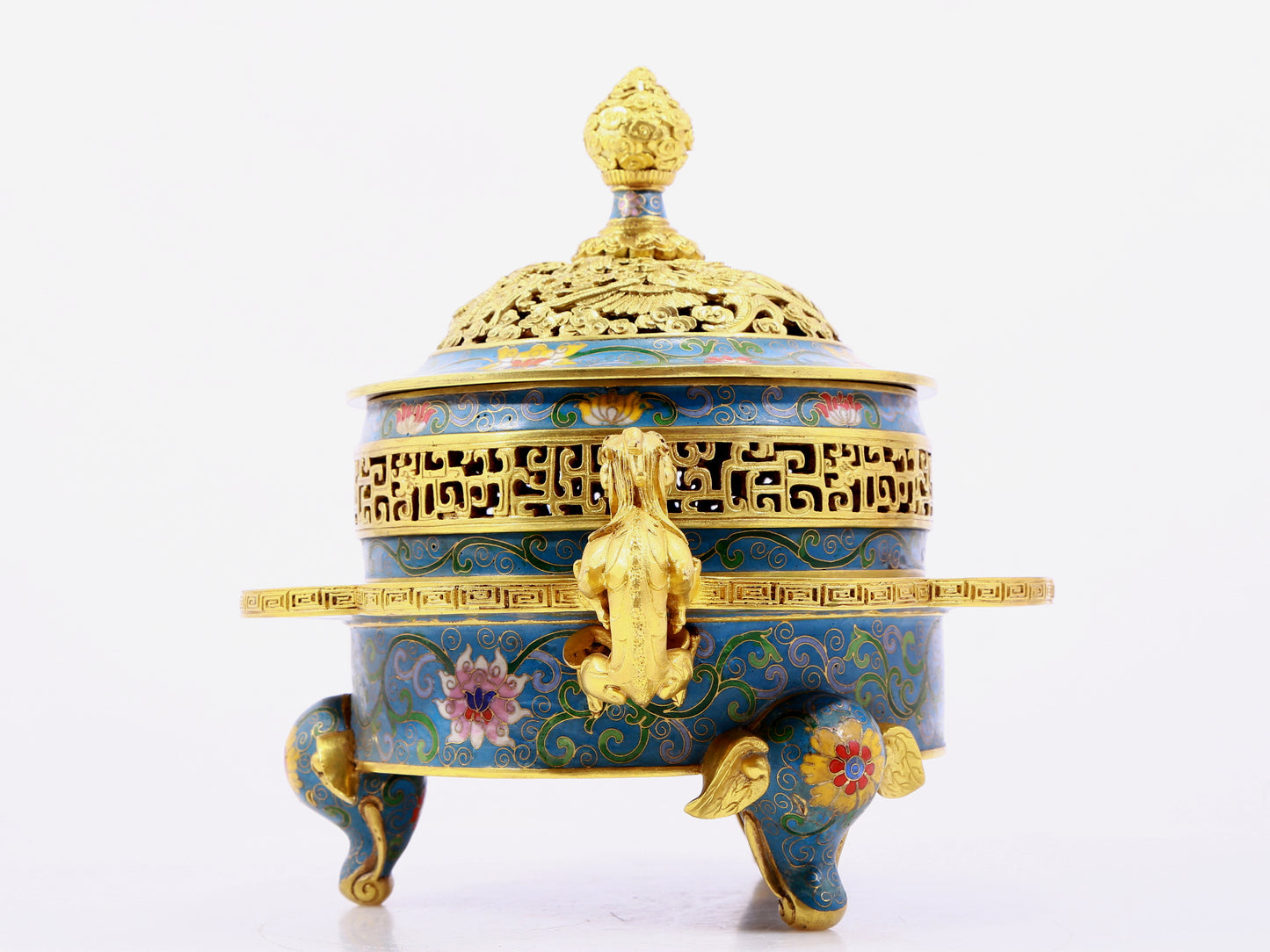 A cloisonné incense burner with two ears and three legs with lotus pattern